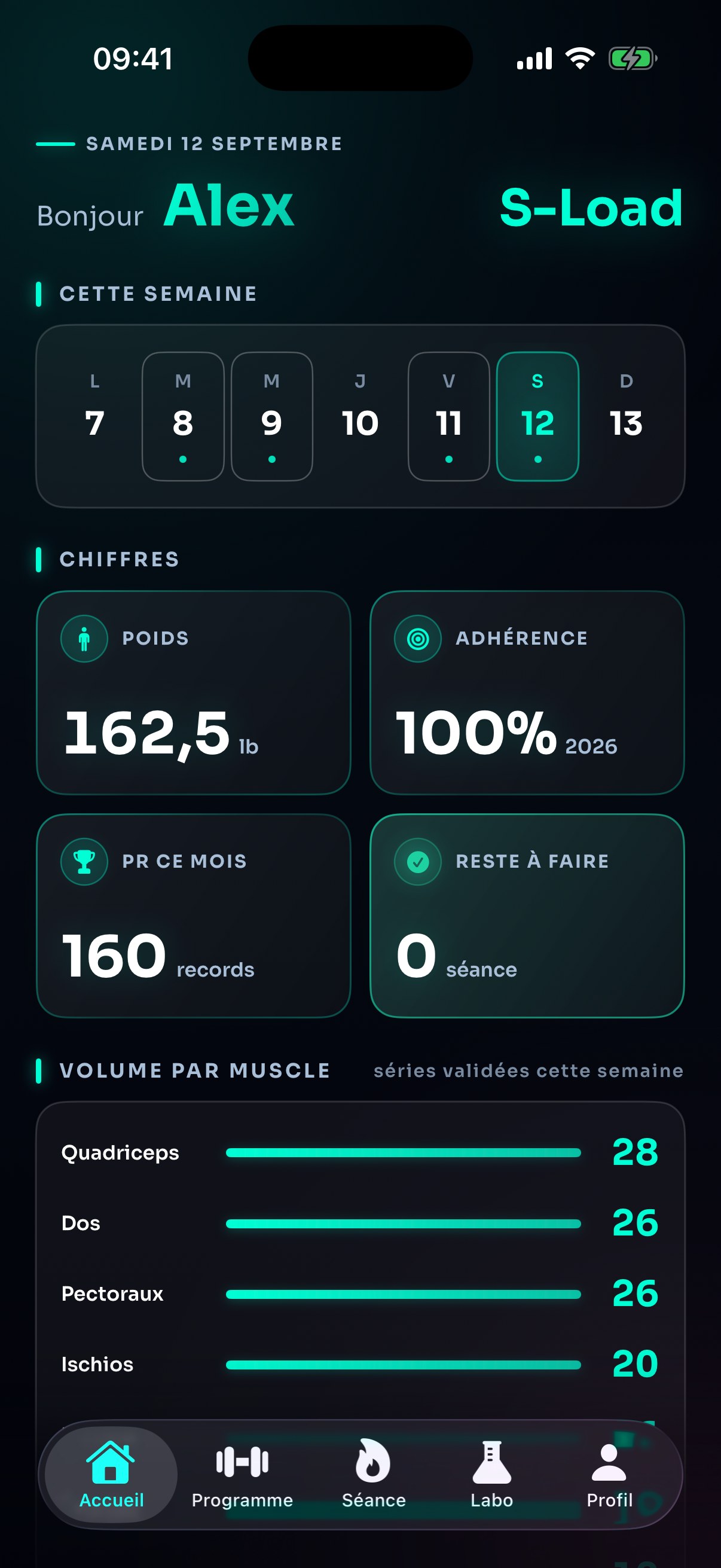 S·Load home screen on iPhone: training week, adherence and volume per muscle