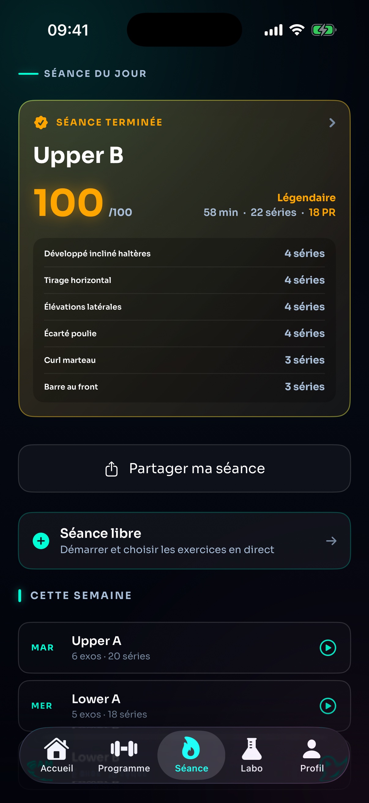 S·Load workout screen on iPhone: exercises, logged sets and rest timer